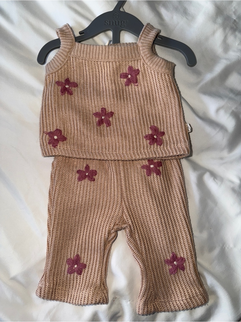 Baby Girl Knit Tank & Pants Set in Beige with Pink Flowers Size 0-3
